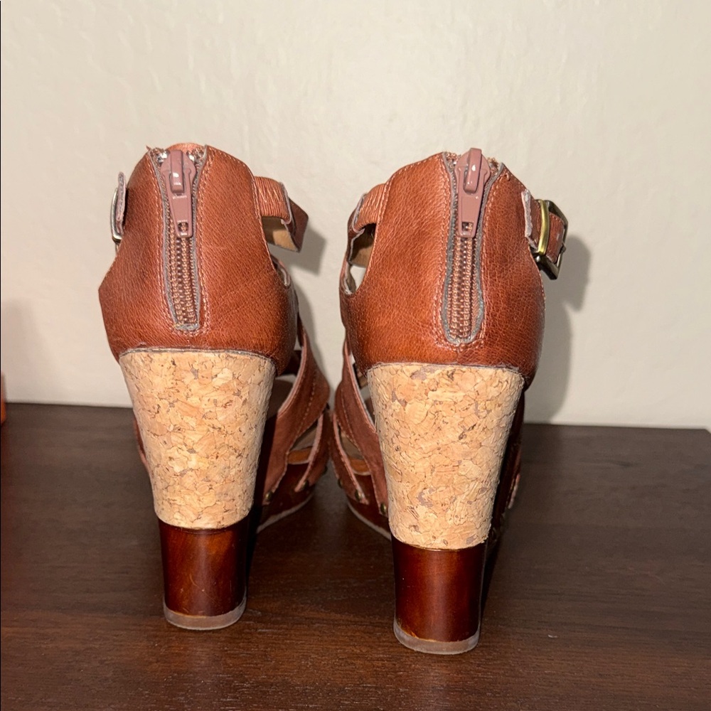 Miz Mooz Kay Cognac Leather Strappy Cork Wood Wedge Sandals Brown Womens - Picture 8 of 12